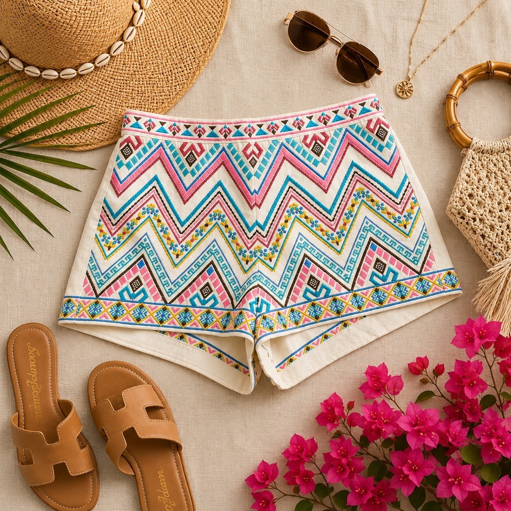 Champagne & Strawberry Embroidered Chevron Resort Shorts Ivory Multicolor Medium